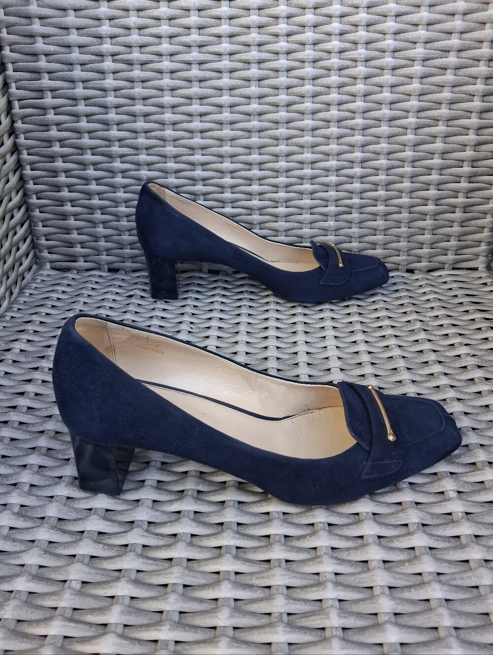 TOD'S Navy Suede Mid Heel Pumps with Gold Accent